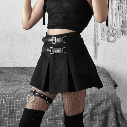 Double Buckle Pleated Mini Black Skirt - Image 2