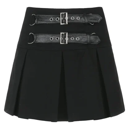 Double Buckle Pleated Mini Black Skirt - Image 4