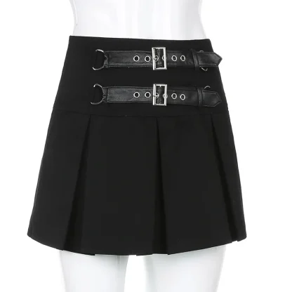 Double Buckle Pleated Mini Black Skirt - Image 5