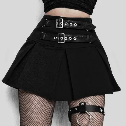 Double Buckle Pleated Mini Black Skirt