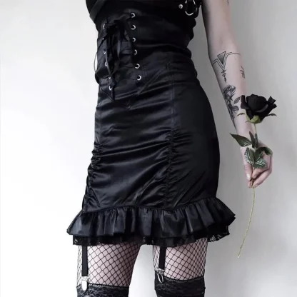 Lace-up Bodycon Ruched Black Skirt - Image 3