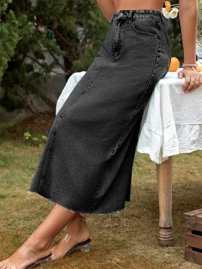 Black Denim Midi Skirt with Pockets - Image 2
