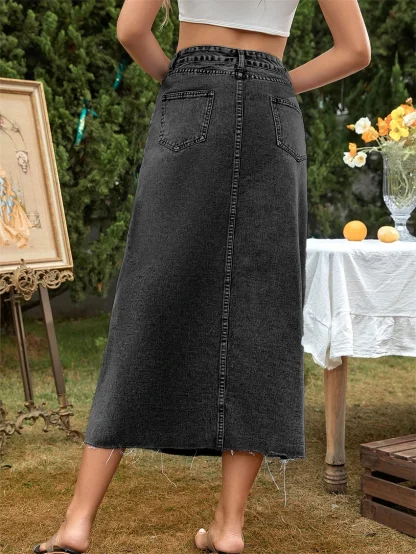 Black Denim Midi Skirt with Pockets - Image 5