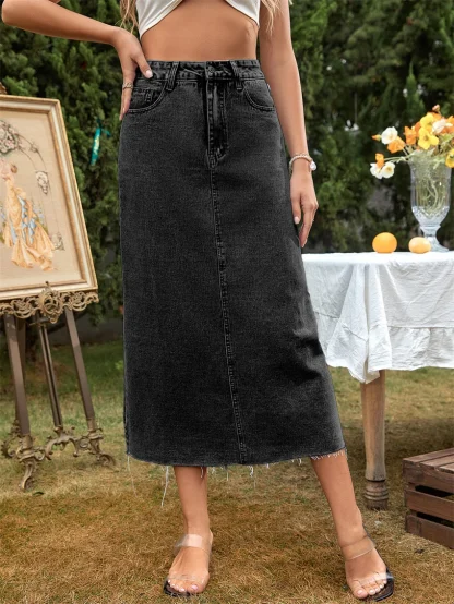 Black Denim Midi Skirt with Pockets
