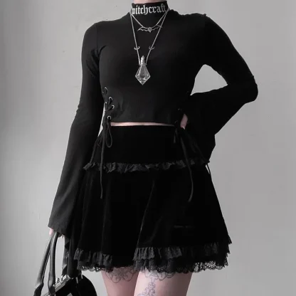 Lace Ruffled Trim Black Skirt - Image 2