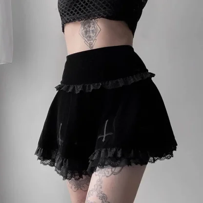 Lace Ruffled Trim Black Skirt