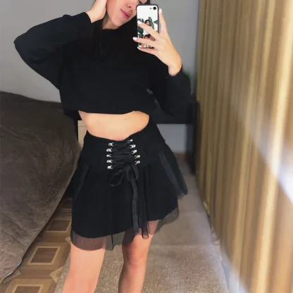 Lace-up Mesh Black Mini Skirt - Image 2