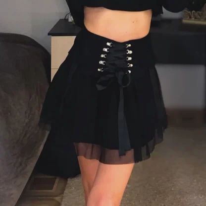 Lace-up Mesh Black Mini Skirt