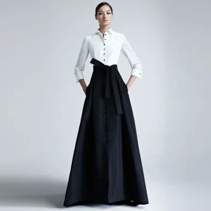 Waist Tie Maxi Black Skirt with Pockets