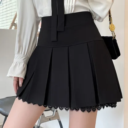 Pleated Lace Hem Black Skirt - Image 2