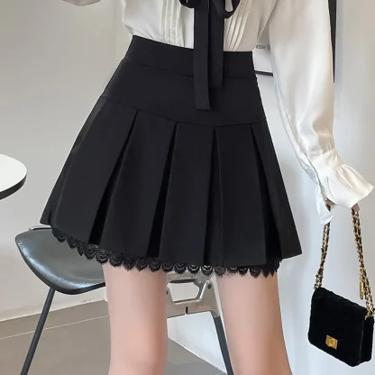Pleated Lace Hem Black Skirt - Image 3