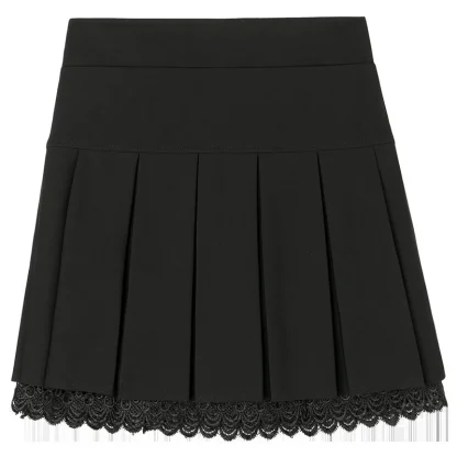 Pleated Lace Hem Black Skirt