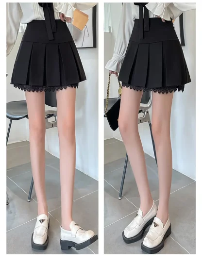 Pleated Lace Hem Black Skirt - Image 5