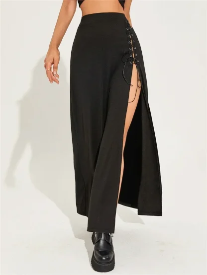 Lace-up High Split Black Skirt - Image 3
