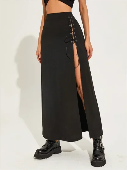 Lace-up High Split Black Skirt - Image 4