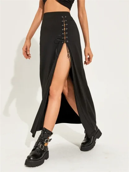 Lace-up High Split Black Skirt - Image 5