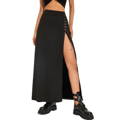 Lace-up High Split Black Skirt