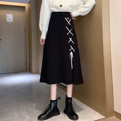 A-line Lace-up Midi Black Skirt - Image 3
