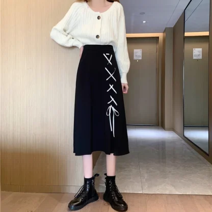 A-line Lace-up Midi Black Skirt - Image 5