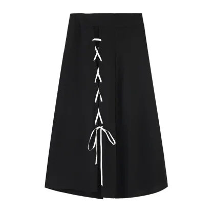 A-line Lace-up Midi Black Skirt