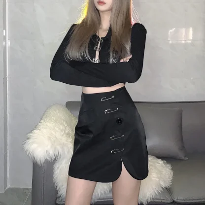 Safety Pin Decor Black Skirt - Image 2
