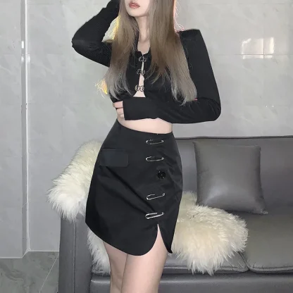 Safety Pin Decor Black Skirt - Image 3