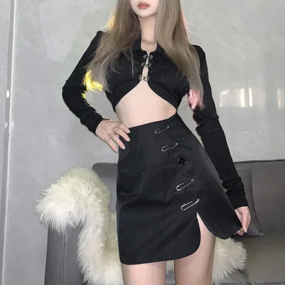 Safety Pin Decor Black Skirt