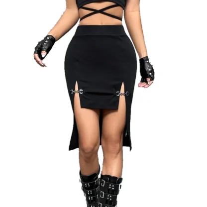 Sexy Slit Buckle Black Skirt