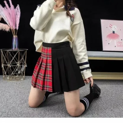 Asymmetrical Plaid Pleated Black Skirts - Image 2