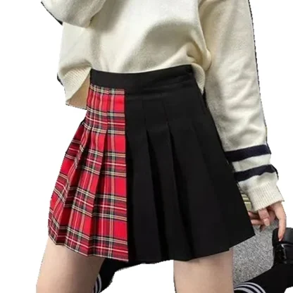 Asymmetrical Plaid Pleated Black Skirts