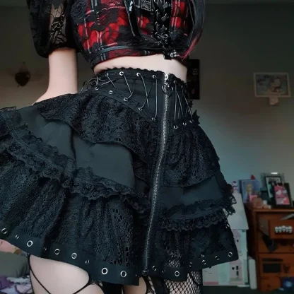 Tiered Lace Zippered Mini Black Skirt - Image 2