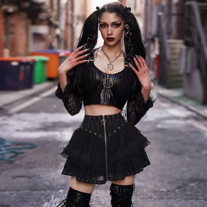 Tiered Lace Zippered Mini Black Skirt - Image 4