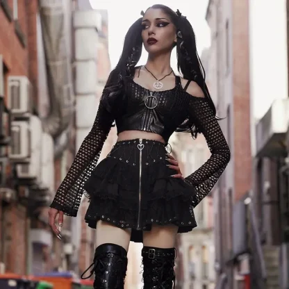 Tiered Lace Zippered Mini Black Skirt - Image 5
