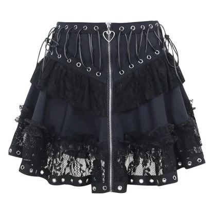 Tiered Lace Zippered Mini Black Skirt