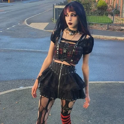 Tiered Lace Zippered Mini Black Skirt - Image 3