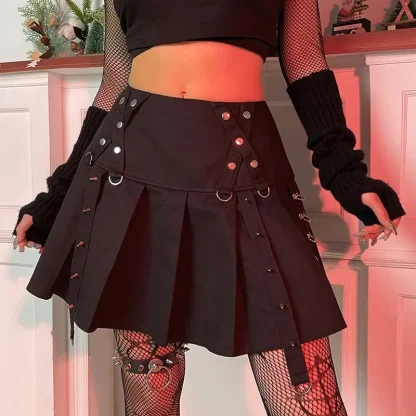 Rivet Pleated Mini Black Skirt - Image 2