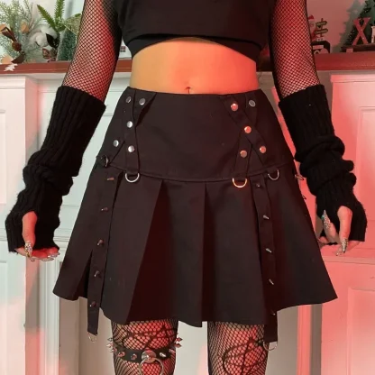 Rivet Pleated Mini Black Skirt - Image 3