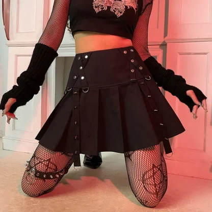 Rivet Pleated Mini Black Skirt - Image 5