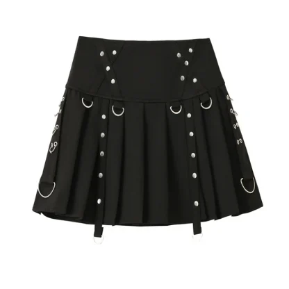 Rivet Pleated Mini Black Skirt
