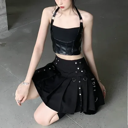 Rivet Pleated Mini Black Skirt - Image 6