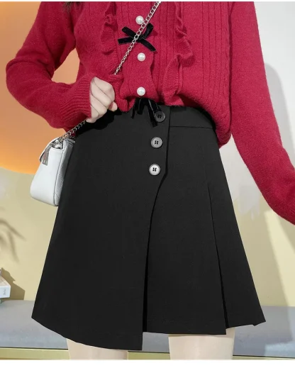 Pleated Buttoned Black Skirts - Image 3