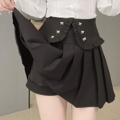 Folded Waist Pleated Black Skirt - Image 3