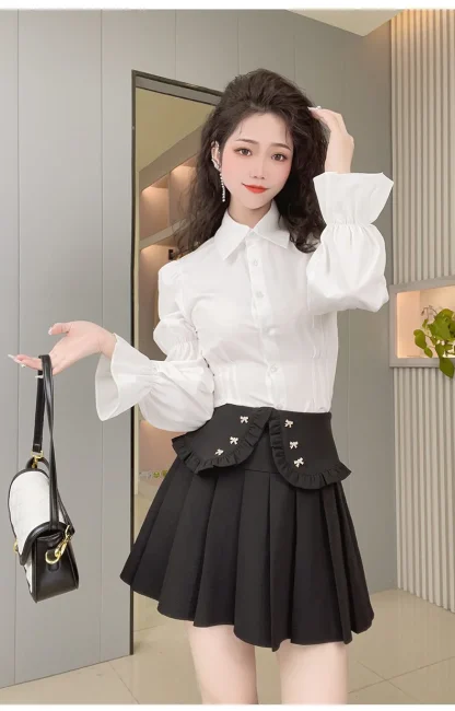 Folded Waist Pleated Black Skirt - Image 5
