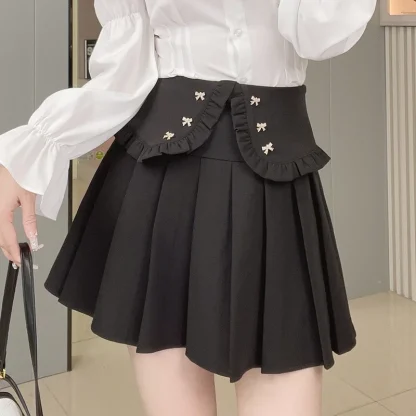 Folded Waist Pleated Black Skirt