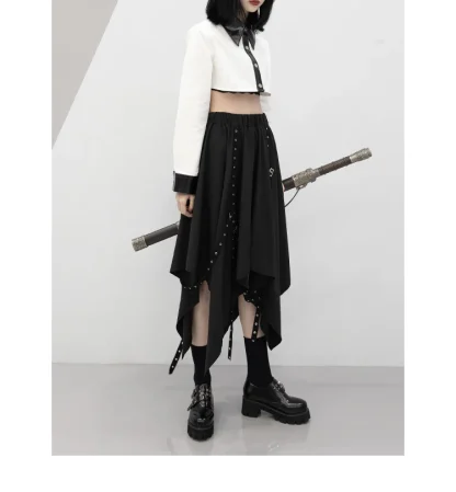 Irregular Buckle Black Skirt - Image 3