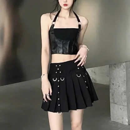 Rivet Pleated Mini Black Skirt - Image 7