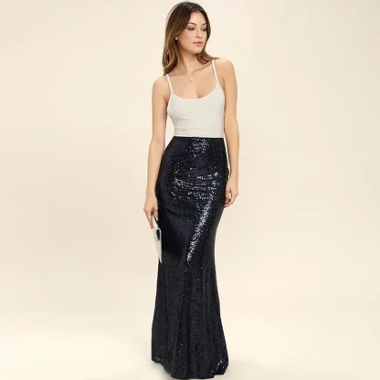 Shiny Sequin Long Black Skirt