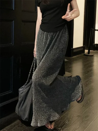 Sequin Slim Long Black Skirt