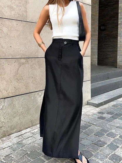 Casual Side Split Black Skirts - Image 2
