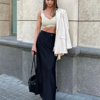 Casual Side Split Black Skirts